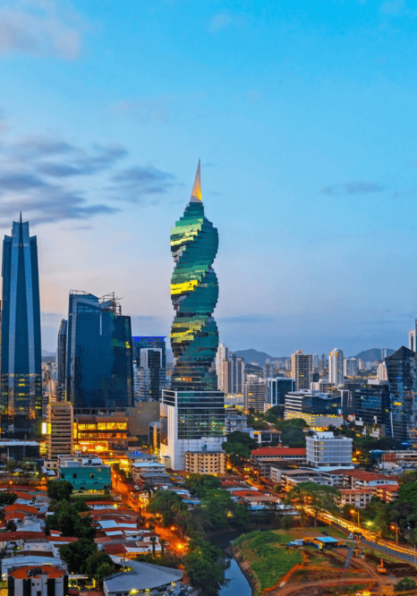 14 a city with tall buildings and a spiral shaped tower
